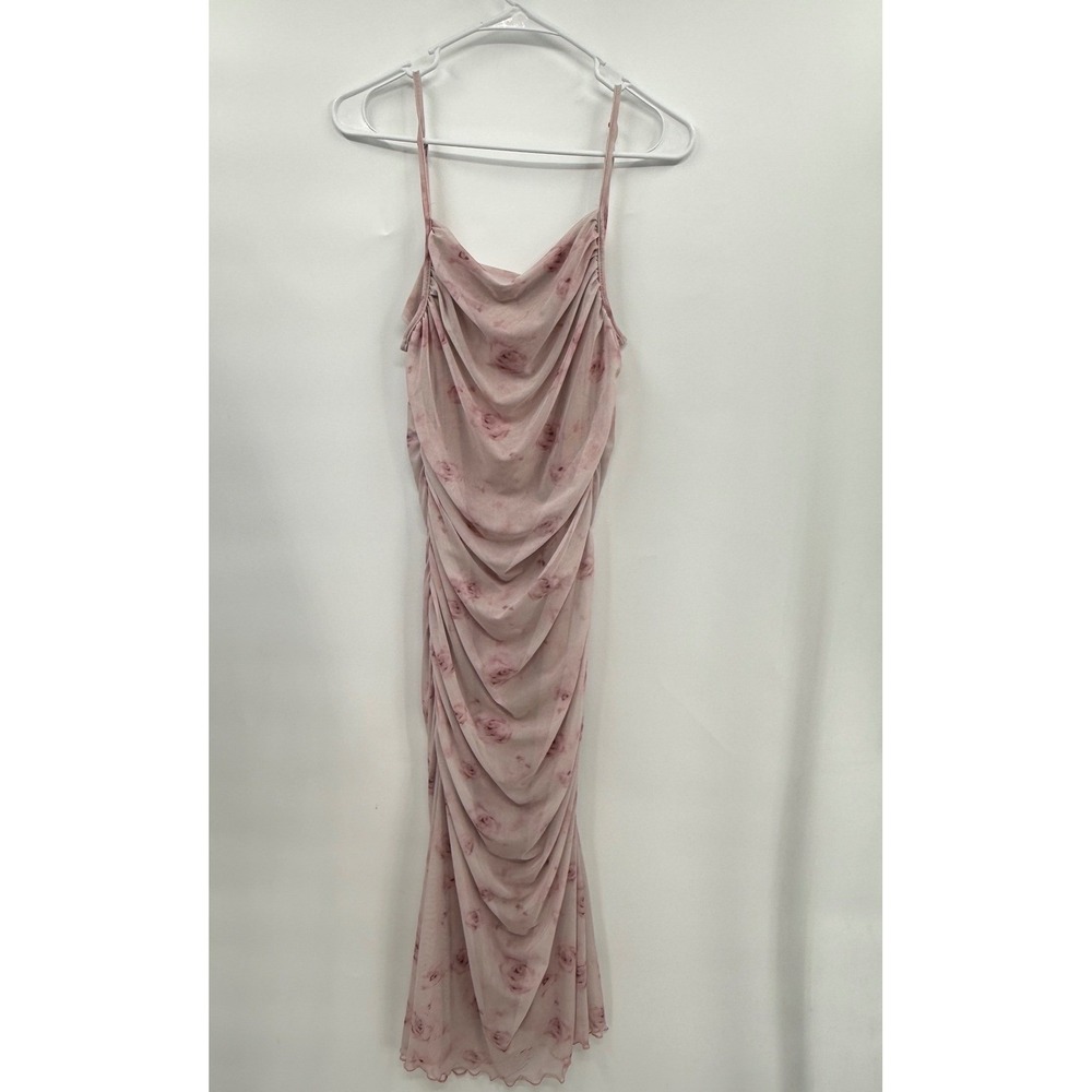 SHEIN L Rose Floral Mesh Cowl Neck Ruched Midi Dress W Pink Romantic Aesthetic